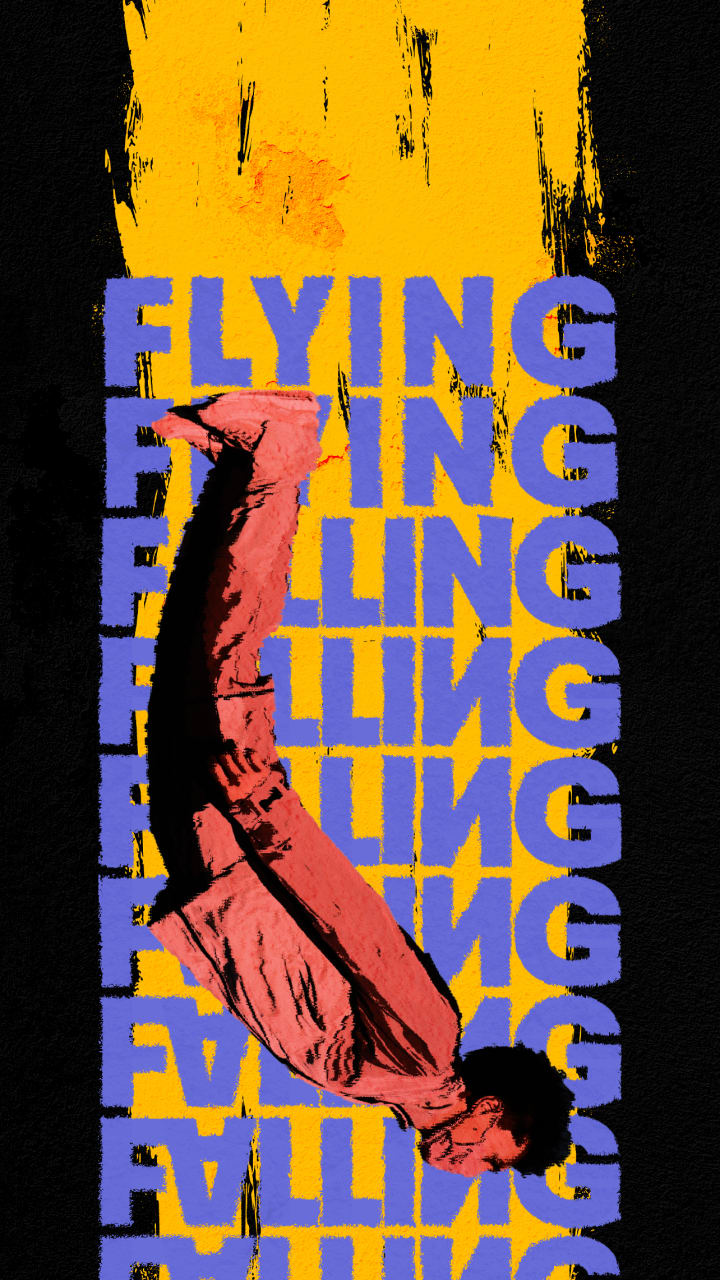 Flying Falling: A bold graphic featuring a stylized figure in red, upside down in a diving or falling position, against a textured yellow vertical streak on a black background. Repeated in purple block letters behind the figure is the word 'FLYING,' which gradually shifts into 'FALLING' as it descends down the image. The visual ambiguity of whether the figure is flying or falling creates a sense of tension between freedom and collapse, power and surrender.