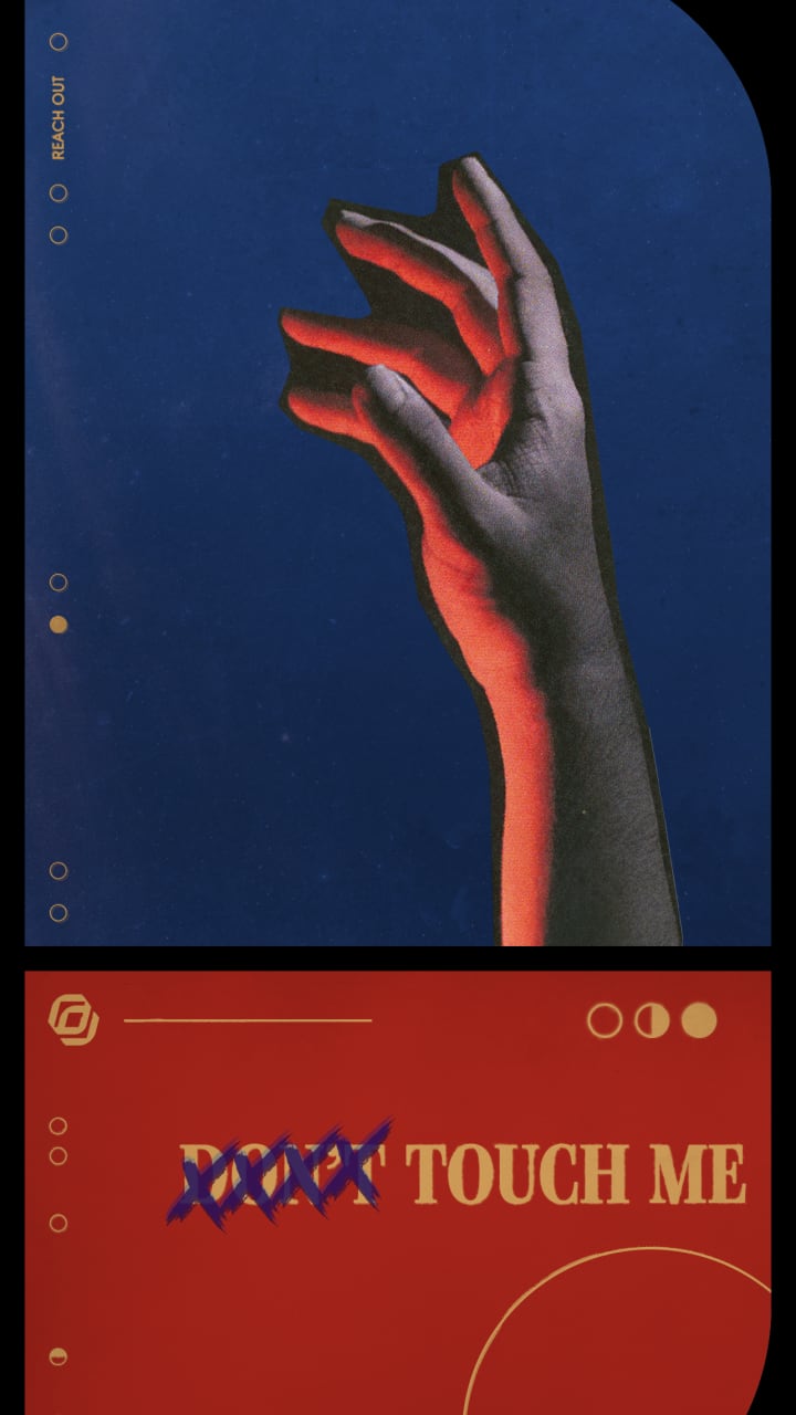 Don't Touch Me — Inspired by the art of Fox Rockett Studio — foxrockettstudio.com: A digital collage split into two panels, inspired by the art of Fox Rockett Studio. The top half features a dramatically lit, upward-reaching hand in red and black tones, set against a deep blue background with the words 'REACH OUT' in small gold text along the edge. The bottom panel is red, showing the phrase 'TOUCH ME' in bold serif font—preceded by the word 'DON’T' crossed out in dark blue paint. At the bottom, a quote from T.S. Eliot’s The Love Song of J. Alfred Prufrock reads: 'And would it have been worth it after all, would it have been worth while.' The piece evokes longing, emotional conflict, and fragile desire.