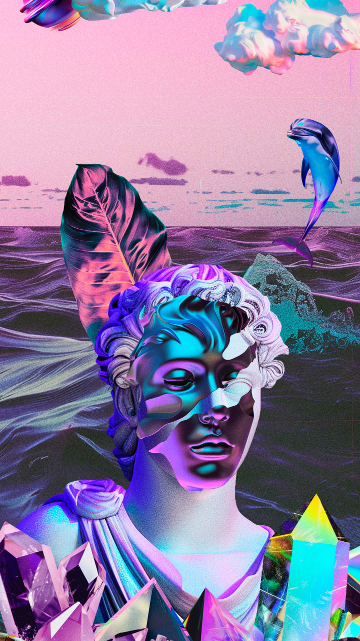 Neon Pantheon: A surreal, vaporwave-inspired digital collage featuring a Roman statue with a multicolored, reflective face, partially overlaid by iridescent patterns. The statue is surrounded by vibrant crystals, a metallic chain, and oversized tropical leaves. A glowing dolphin leaps from a cyber-ocean under a pink sky dotted with cotton candy clouds and a floating, Saturn-like planet. The whole composition glows with neon blues, purples, and pinks, evoking a dreamy, futuristic mythology.