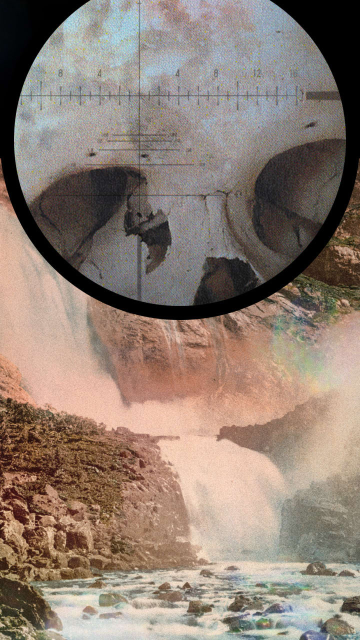 Target in Sight: A surreal composition featuring a roaring waterfall cascading into a rocky river, rendered in faded, vintage tones. Hovering above the landscape is a circular scope view, centered on a decayed human skull marked by crosshairs and rangefinder lines, as if seen through a sniper’s lens. The skull’s hollow eye sockets and fractured surface contrast starkly with the natural beauty below, evoking a sense of foreboding and unseen violence. The juxtaposition of nature and death suggests themes of surveillance, mortality, and silent threat.
