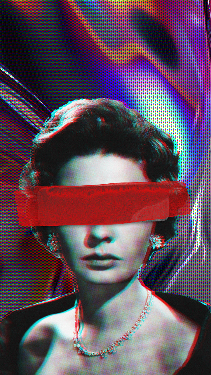 See No Evil: A glitched, retro-futuristic portrait of a glamorous woman in vintage Hollywood style, rendered in grayscale with 3D red-and-cyan distortion. Her eyes are obscured by a bold red strip of digital tape, giving a sense of censorship or defiance. Behind her, the background pulses with warped, rainbow-like waves and a pixelated halftone texture. The image blends mid-century elegance with cyberpunk aesthetics, evoking themes of surveillance, identity, and rebellion.