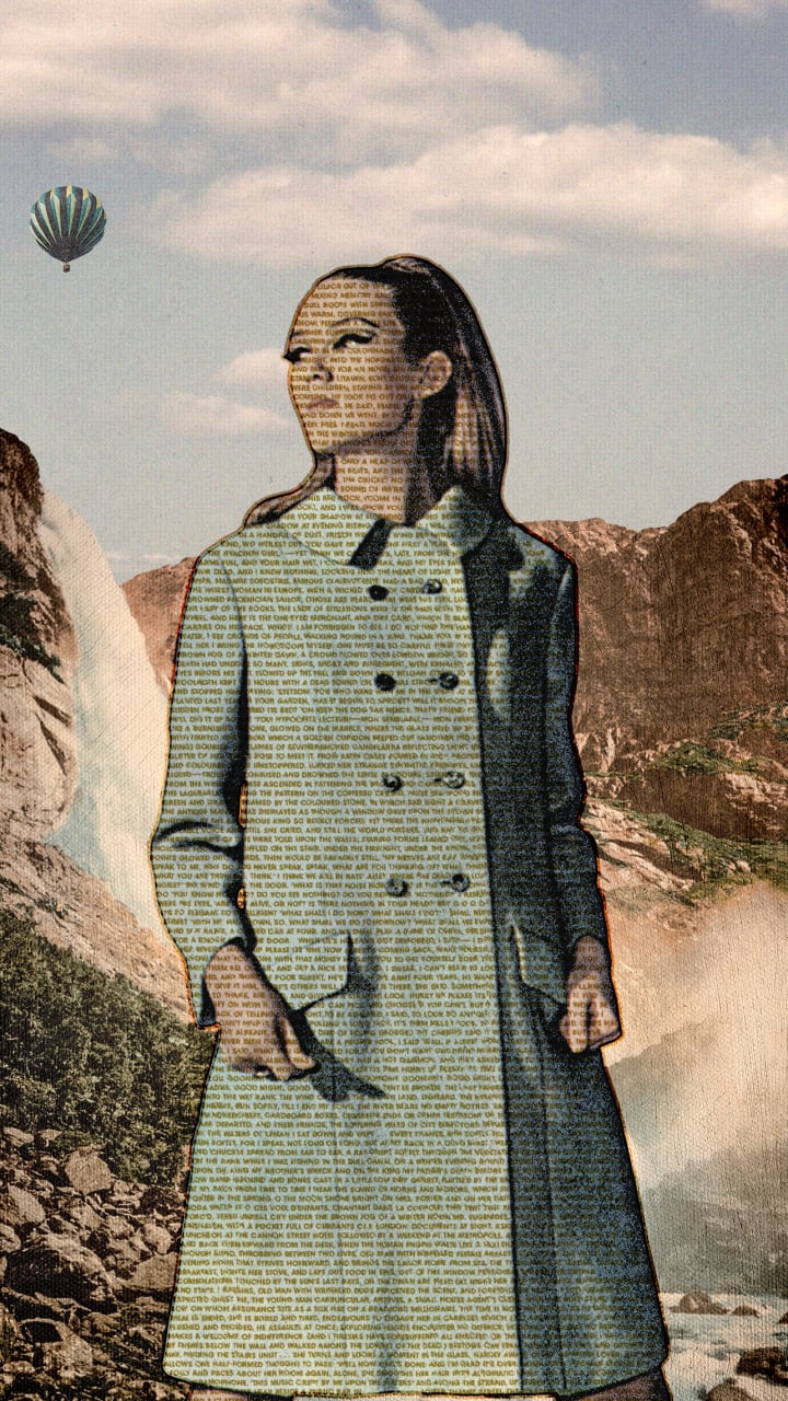 The Waste Land: A surreal collage featuring a woman in a vintage coat standing in a mountainous landscape with a distant hot air balloon and cascading waterfall behind her. Her figure is entirely filled with dense, typewritten text taken from T.S. Eliot’s poem The Waste Land, blending literary and visual elements. The woman’s confident stance contrasts with the textured, faded scenery, creating a sense of strength, detachment, and poetic dissonance. The piece evokes themes of identity, fragmentation, and cultural decay—echoing the tone of Eliot’s iconic work.