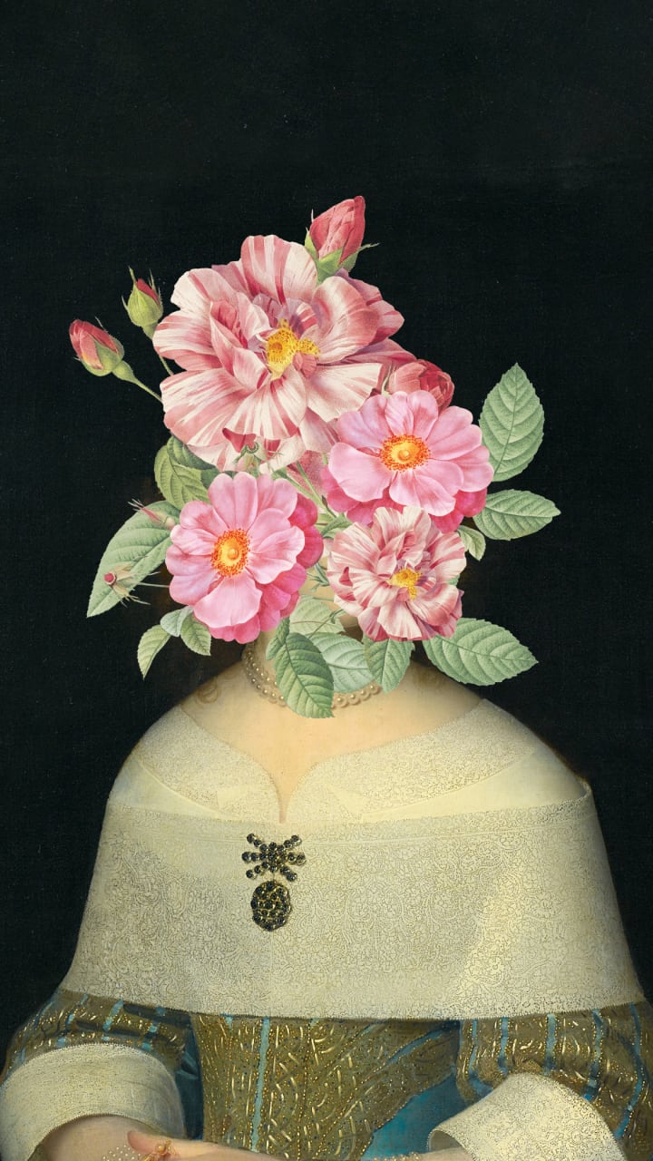 Pretty Woman: A surreal collage blending classical portraiture with botanical illustration. The figure of a regal woman in an ornate, gold-accented dress sits with hands delicately folded, her face entirely replaced by a blooming bouquet of lush pink roses and green leaves. Set against a stark black background, the contrast draws attention to the elegance of her garments and the vibrant, surreal floral eruption in place of a head. The image evokes themes of beauty, identity, and the natural world's dominance over human form.