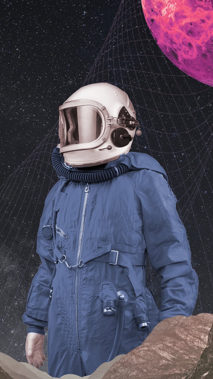 Spaceman: A surreal digital collage of a lone astronaut standing in the foreground of a star-filled sky, wearing a vintage-style blue space suit with a white helmet. Behind them, a massive pink-purple planet looms in the upper right corner, partially covered by curved gridlines that stretch across the starry background like warped spacetime. Jagged, alien-looking mountains surround a calm, silvery body of water at the astronaut’s feet. The scene evokes isolation, exploration, and the mystery of the unknown cosmos.