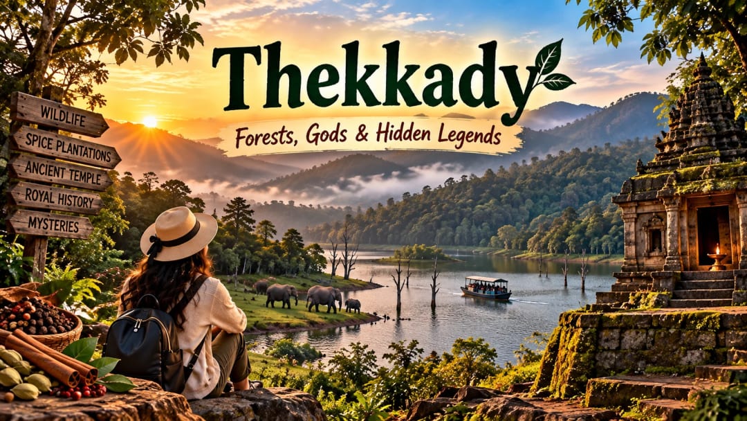 Thekkady in Kerala with lush Western Ghats forests, misty Periyar Lake and green hills hiding ancient temples and mysterious legends.