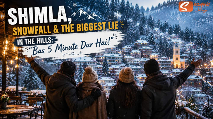 Four friends enjoying fresh snowfall during a winter trip to Shimla.