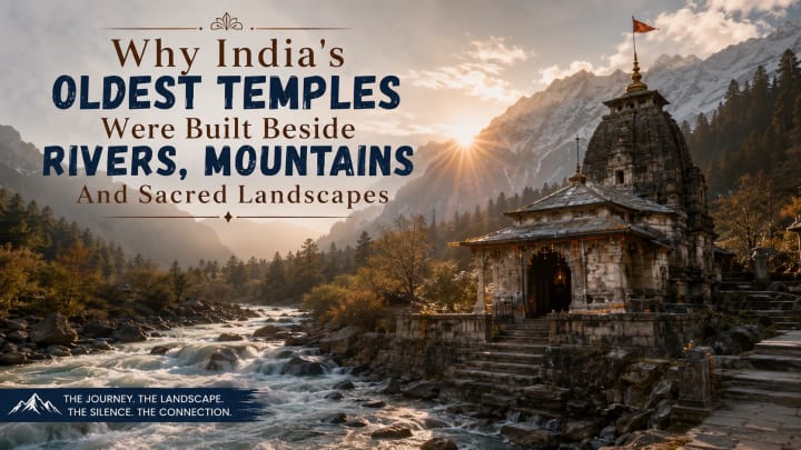 Ancient Indian temple near a mountain river surrounded by forests and snow peaks