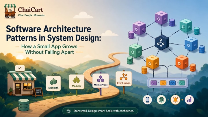 Timeline showing ChaiCart growing from manual orders to monolith, layered app, services, and events.