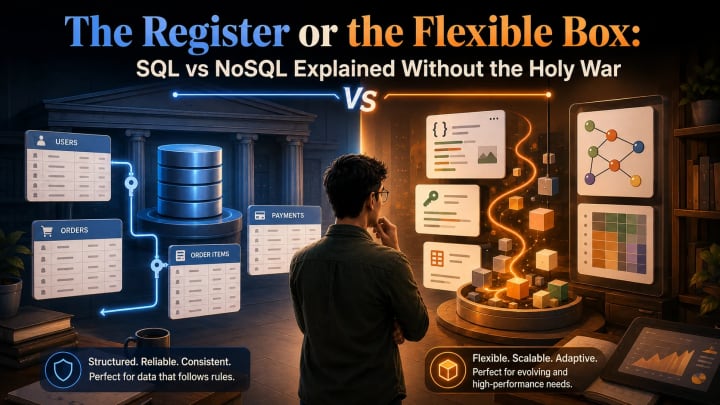 Educational diagram comparing SQL relational tables with NoSQL document, key-value, columnar, and graph storage choices for SnackNow.