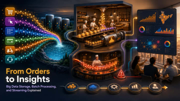 Educational diagram showing SnackNow events flowing from services through ingestion, data lake storage, batch and stream processing, queries, dashboards, and archive.