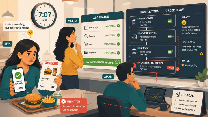 Riya's successful SnackNow payment beside a wrong order confirmation while Aman investigates the 7:07 PM reliability incident