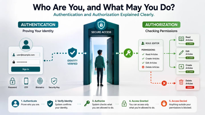 Office entrance and refund system illustrating identity verification, room permissions, sessions, tokens, OAuth, and access-control decisions