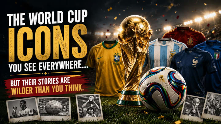 FIFA World Cup trophy, match ball and iconic jerseys displayed under stadium lights