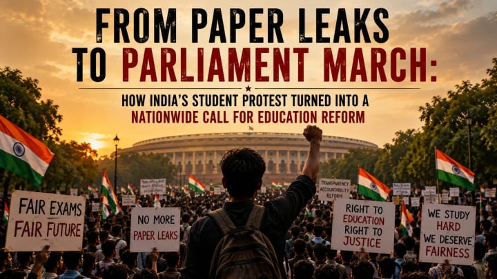 Students carrying Indian flags and placards during a peaceful education reform protest near Parliament as security personnel stand in the background.