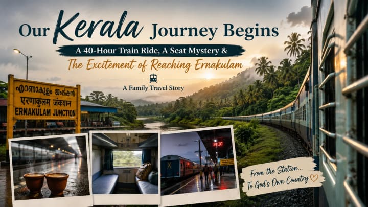 A long-distance train travelling through lush green landscapes towards Ernakulam with passengers enjoying the scenic journey to Kerala.