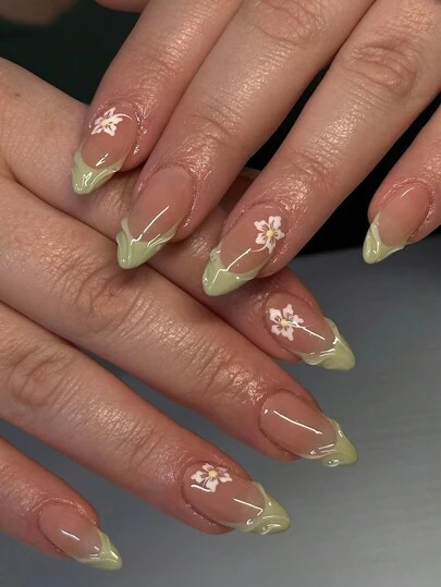White Flower French Almond Press-On Nails - 24pcs