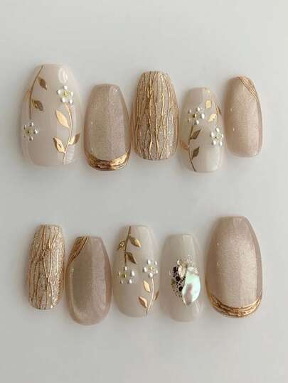 Apricot Coffin Press-On Nails with Cat Eye