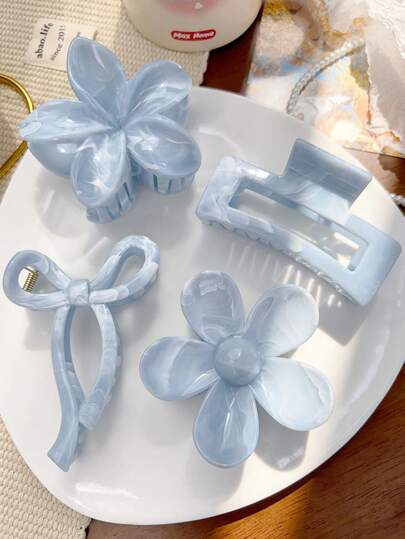 Light Blue Marble Hair Claw Clip Set - 4pcs