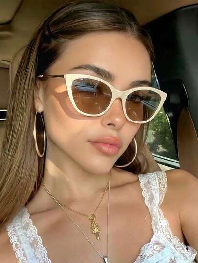 Women's Beige Cat Eye Metal Frame Glasses