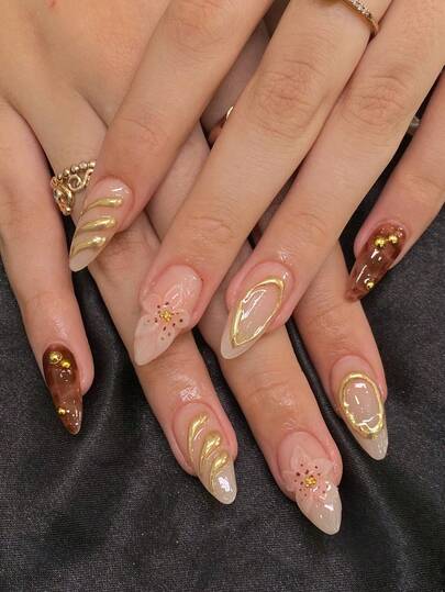 Leopard Gold Foil French Almond Press-On Nails