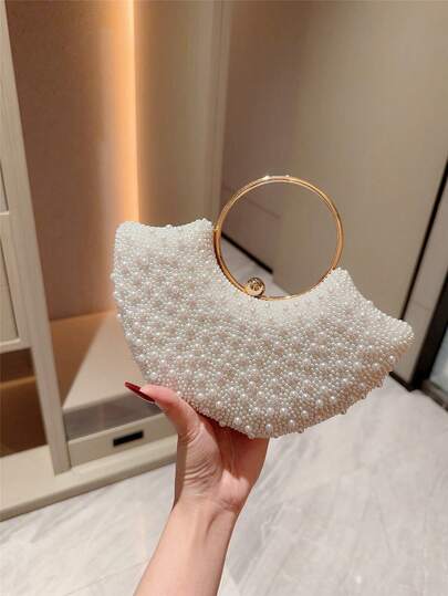 White Pearl Beaded Clutch Bag with Gold Ring