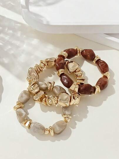 Brown Acrylic Beaded Bracelet Set - 3pcs