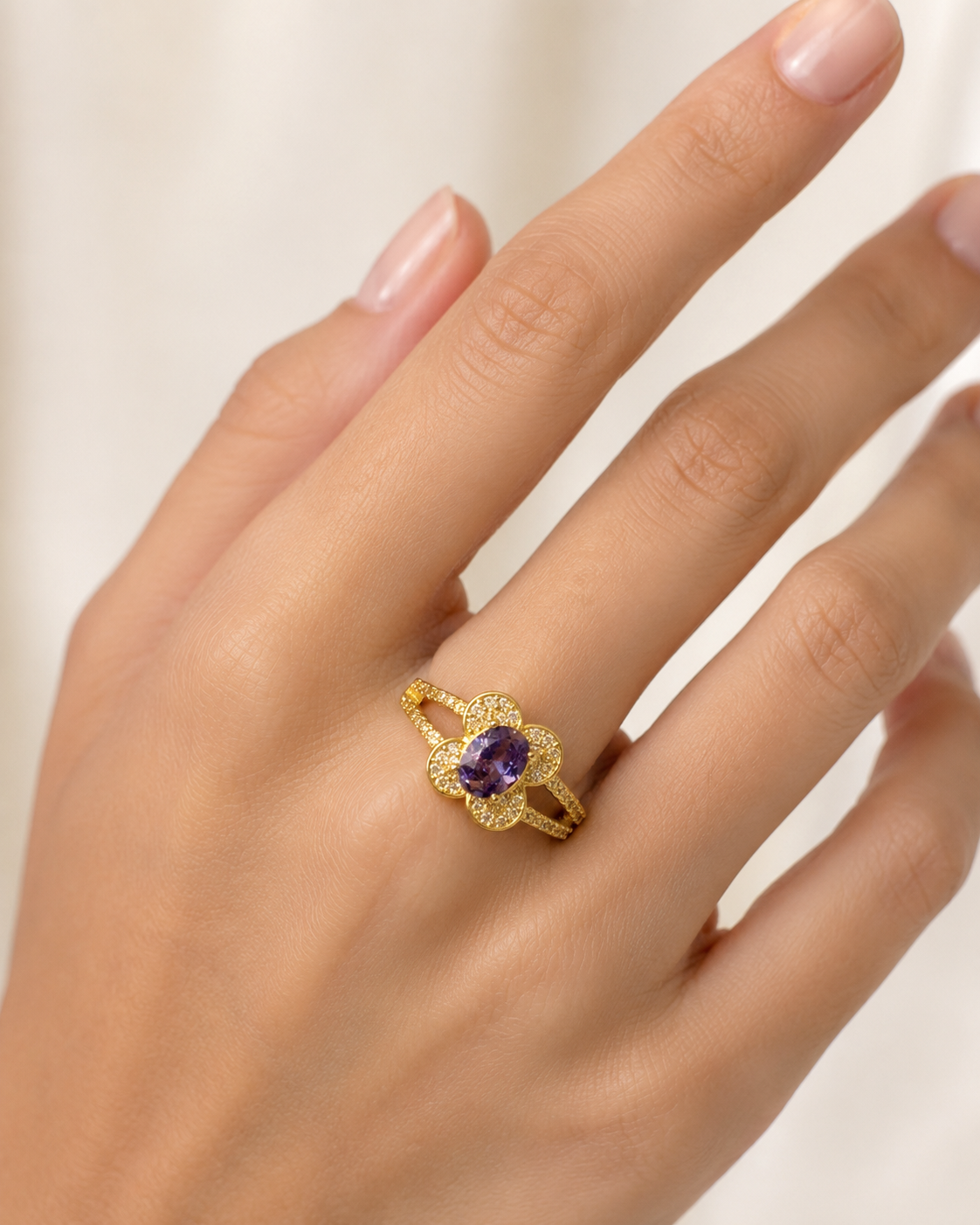 Gold Flower Halo Ring with Violet Crystal Stone