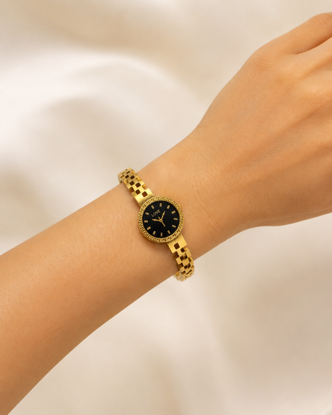 Gold Bangle Watch with Round Black Dial