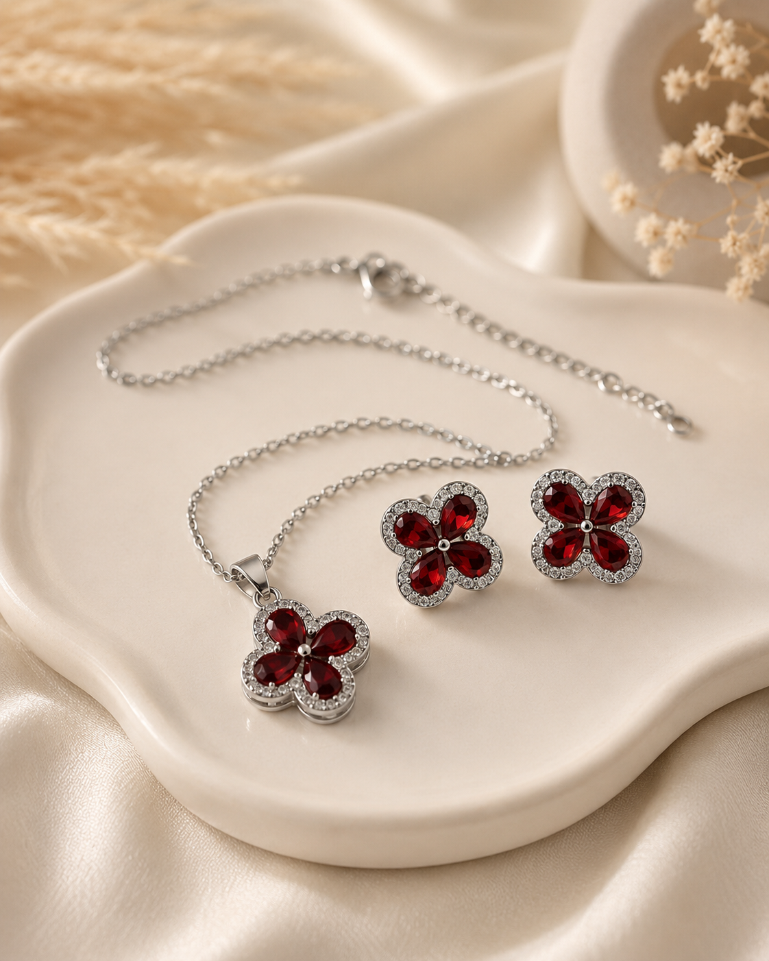 Silver Red Clover Necklace & Earrings Set - 3pcs