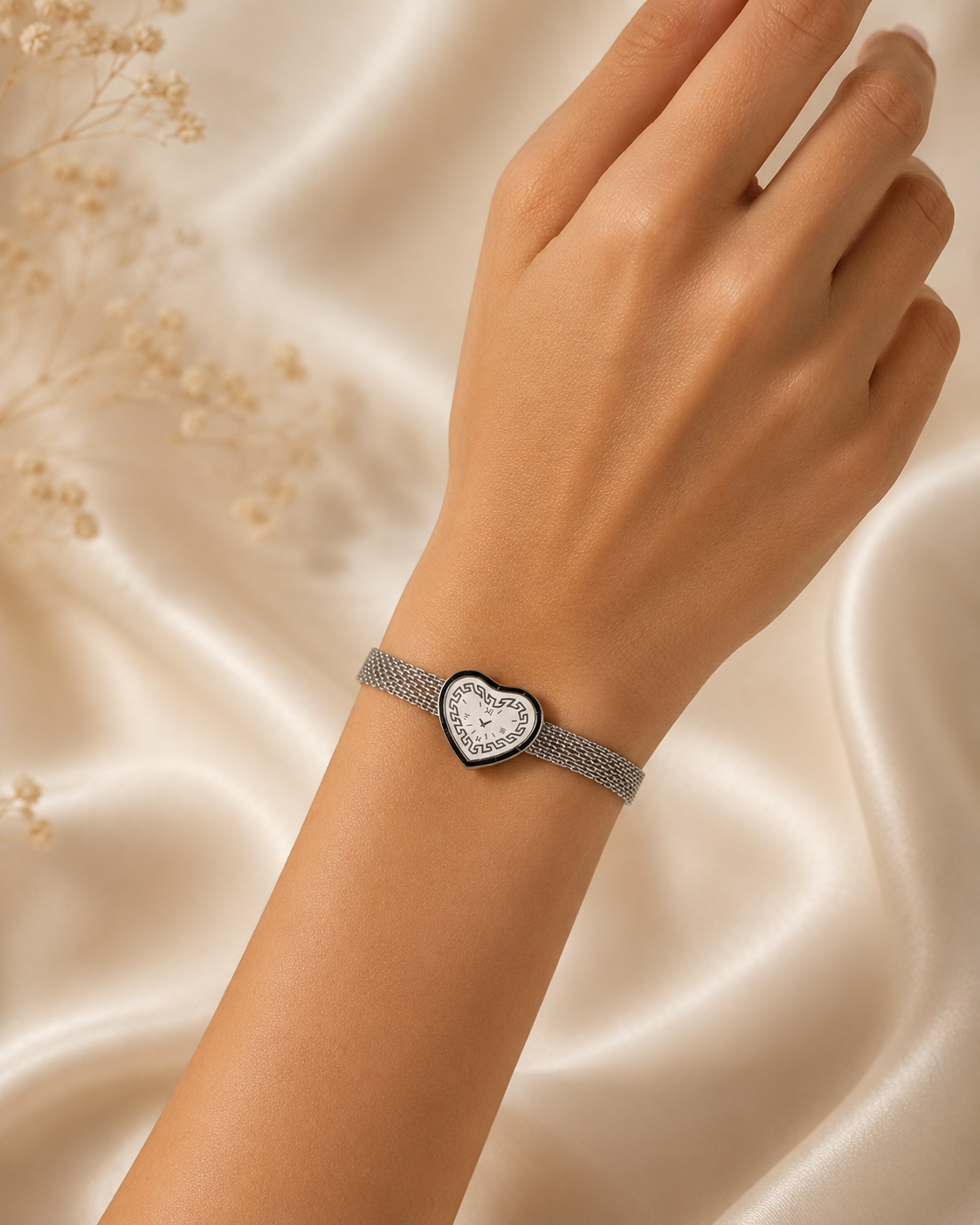 Silver Heart Dial Bracelet with Mesh Strap