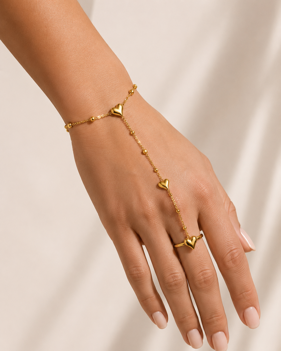 Gold Heart Charm Hand Chain Bracelet with Ring