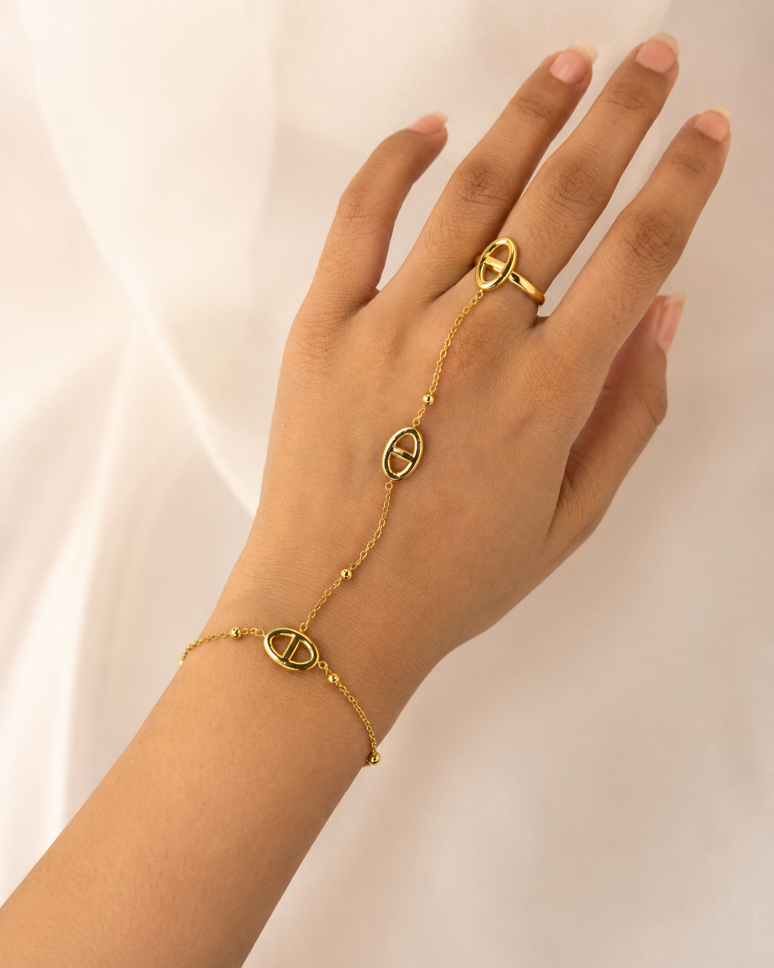 Gold Mariner Link Hand Chain Bracelet with Ring