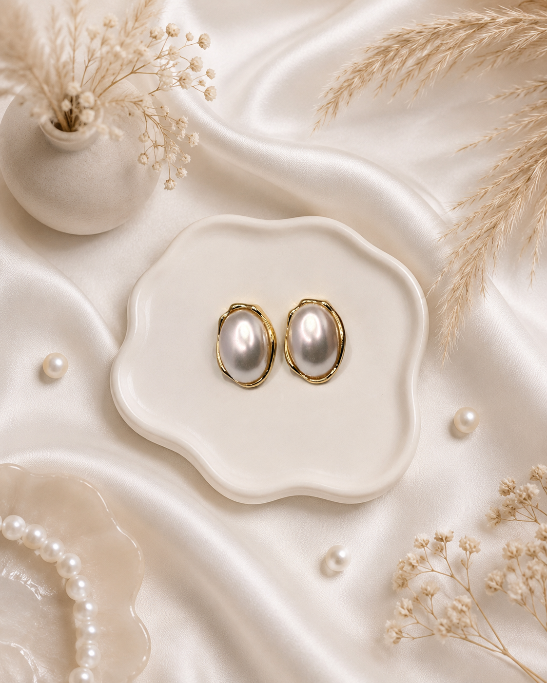 Oversized Oval Pearl Stud Earrings in Gold Frame
