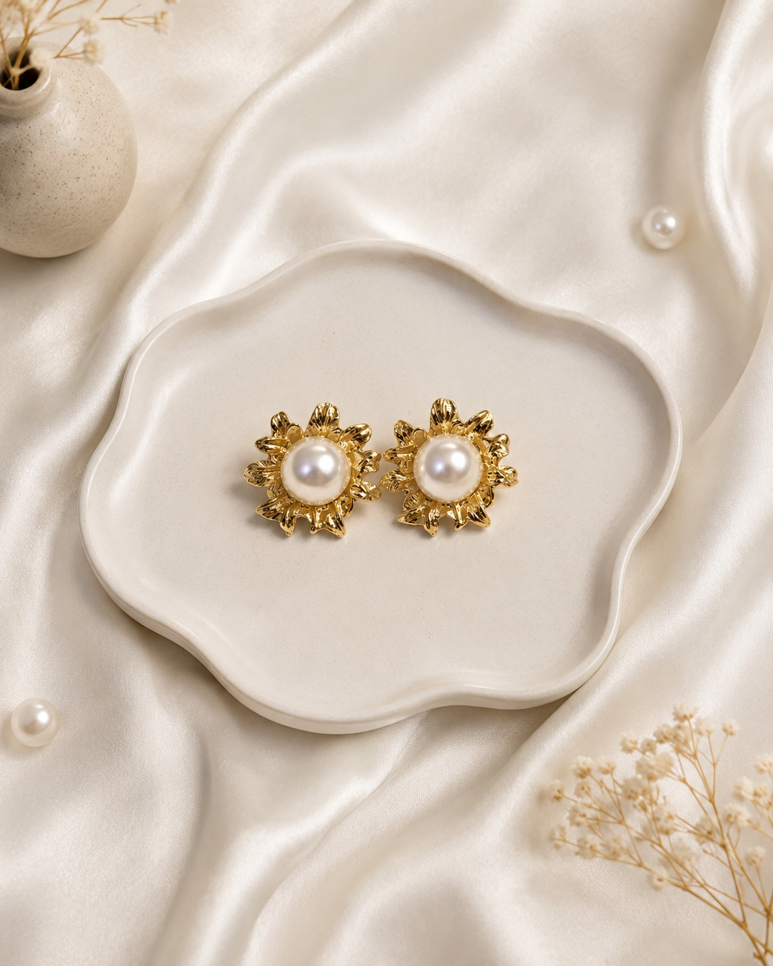 Gold Sunflower Pearl Stud Earrings