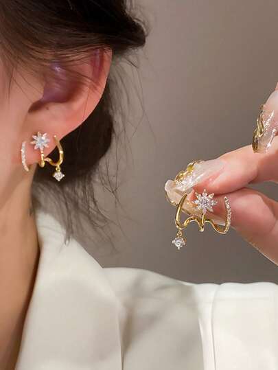 Gold Star Zircon 3-Row Hoop Earrings
