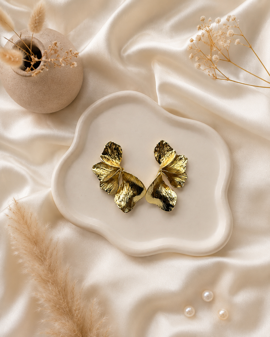 Gold Metallic Leaf Statement Stud Earrings