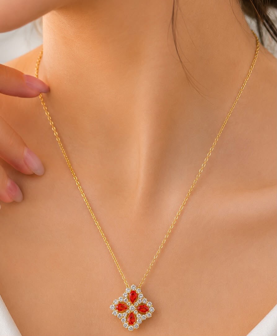 Gold-Tone Red Clover Pendant Necklace