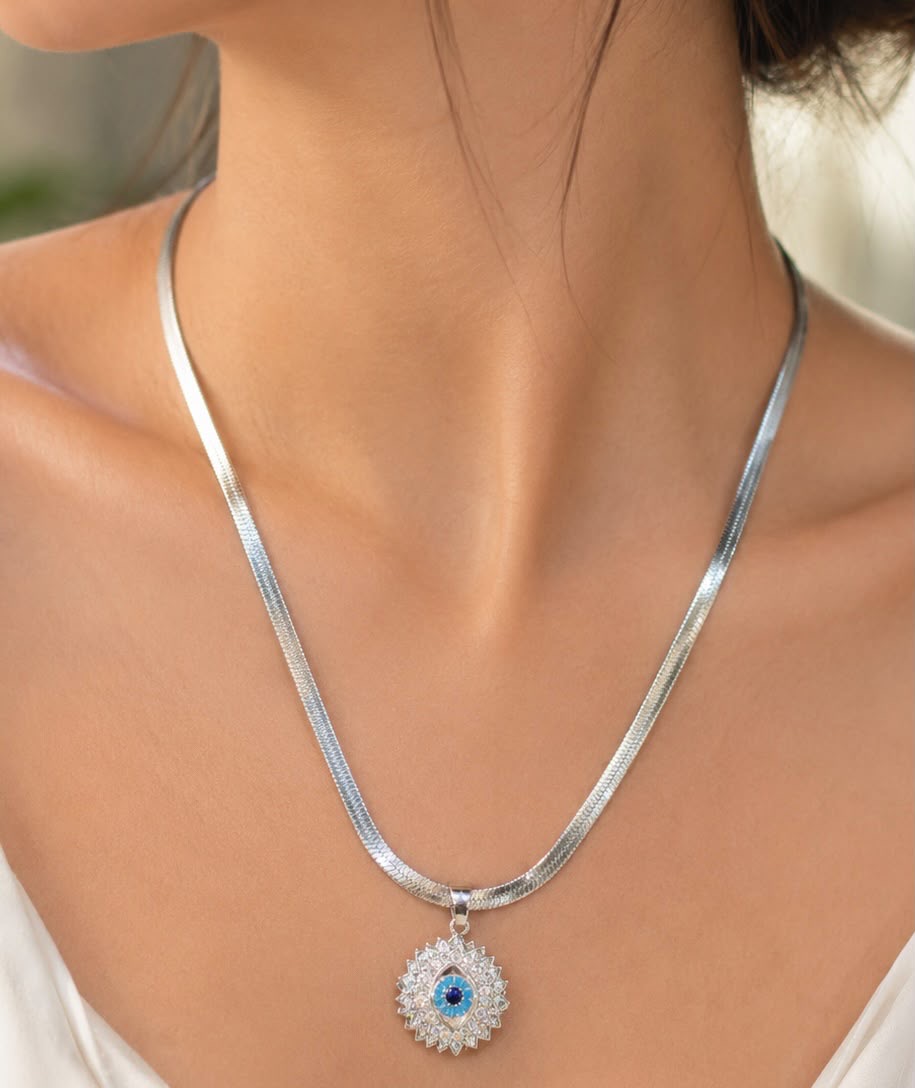 Silver-Tone Blue Evil Eye Pendant Necklace