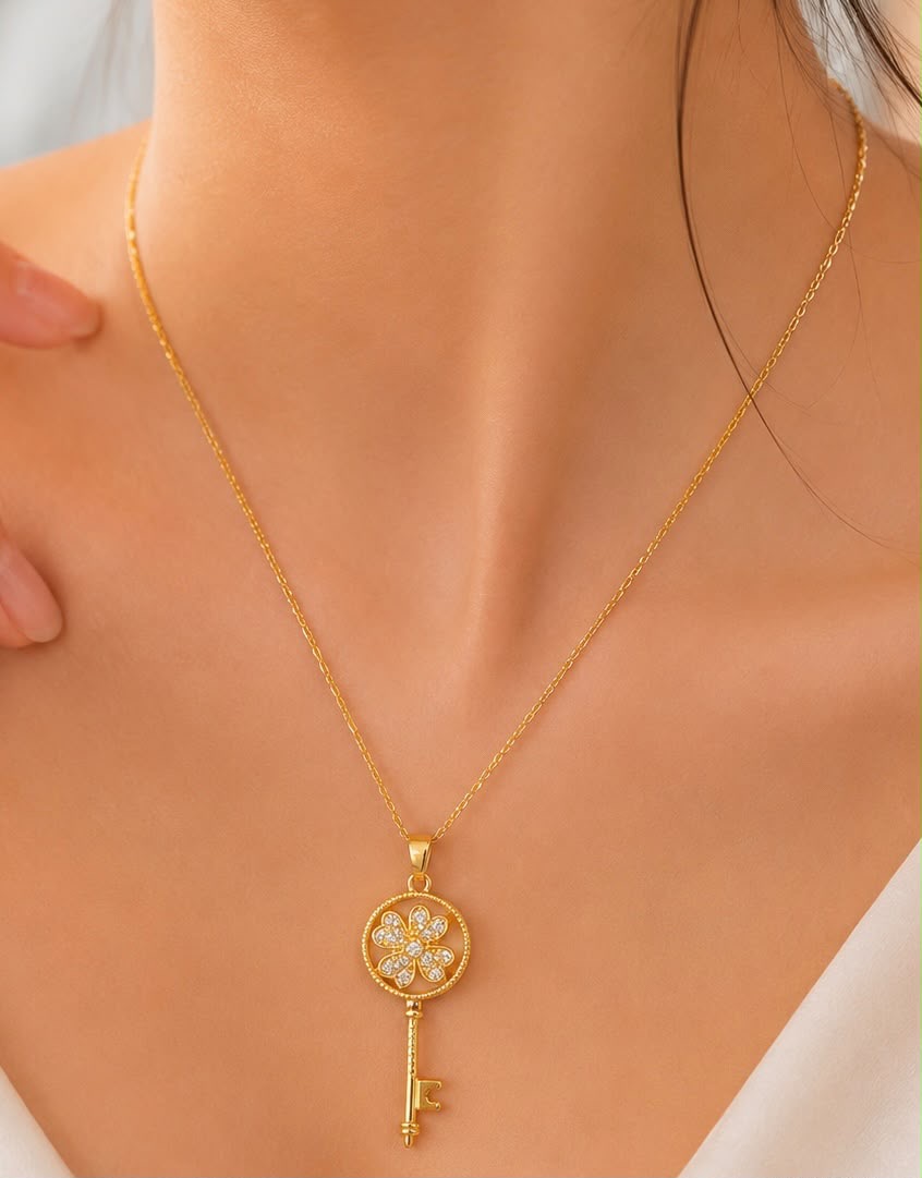 Gold-Tone Clear-Accent Flower Key Pendan necklace