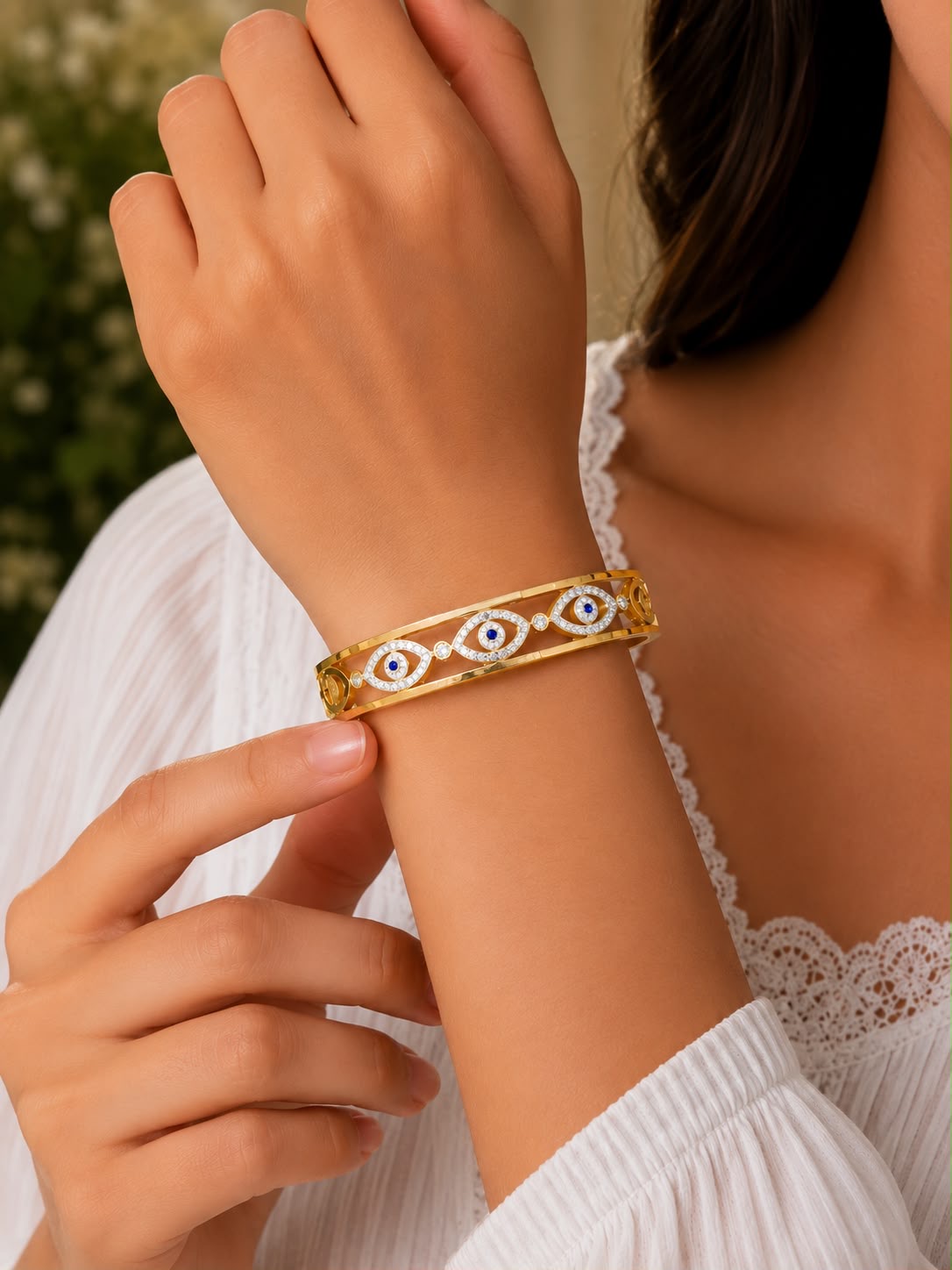 Gold-Tone Blue Evil Eye Clear-Accent Bangle