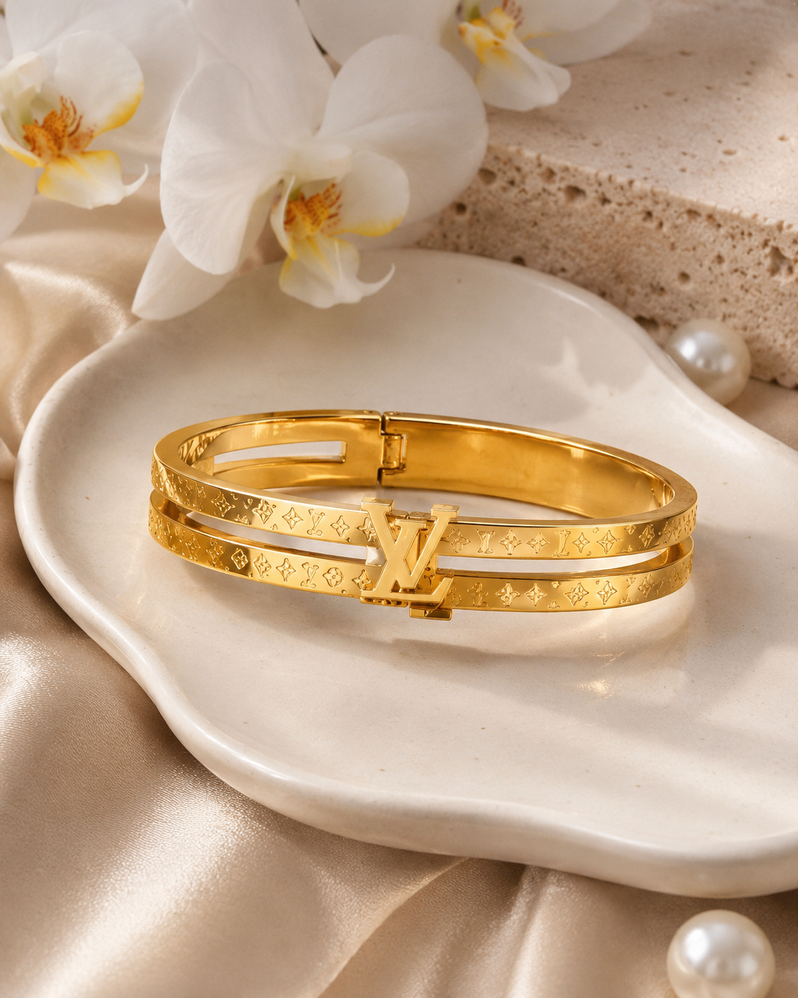 Gold-Tone Interlocking Letter Double-Band Bangle
