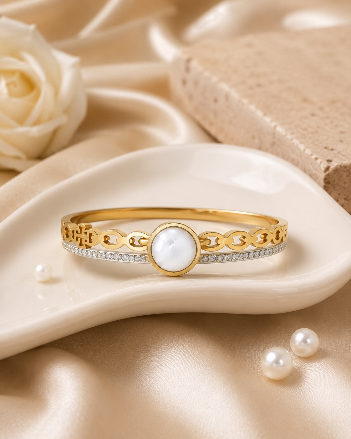 Gold-Tone White Disc Clear-Accent Bangle