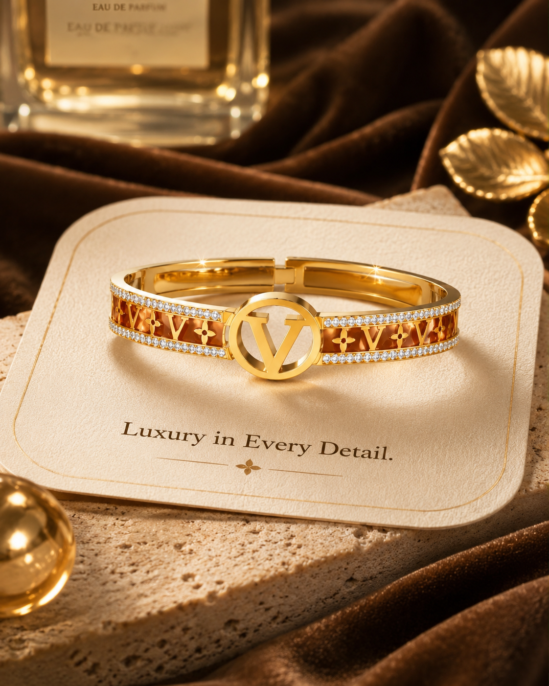 Gold-Tone Brown Inset Letter-Motif Bangle