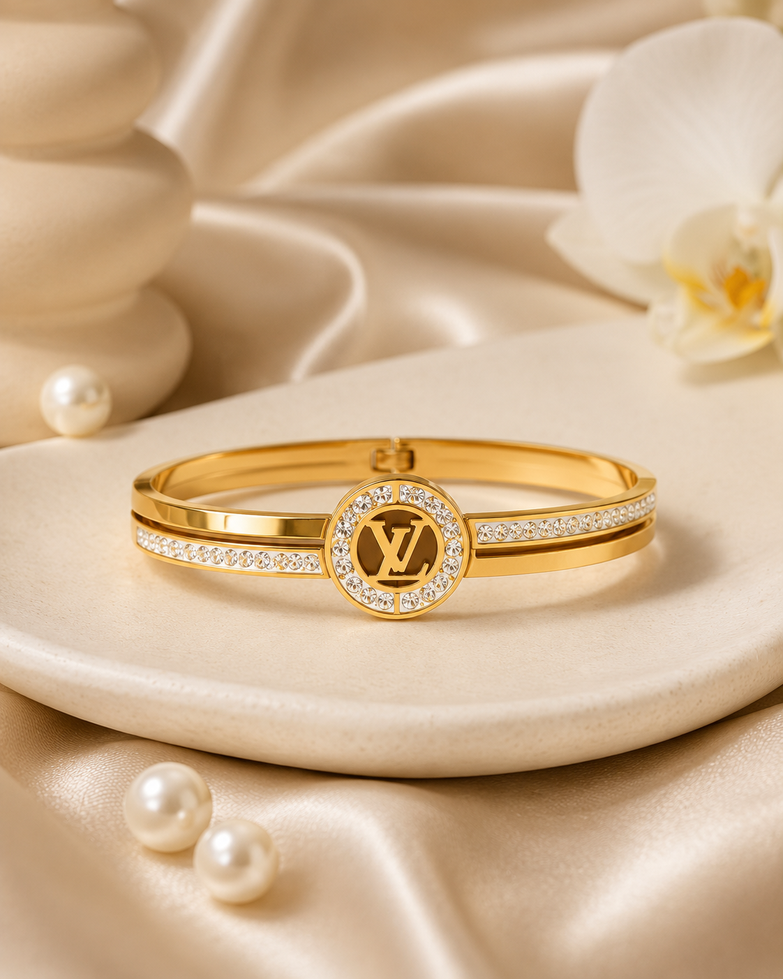 Gold-Tone Round Letter-Motif Double-Band Bangle