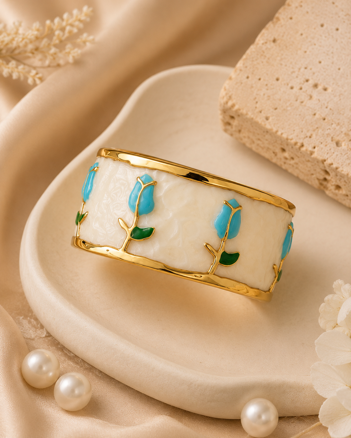 Gold-Tone White Inset Blue Tulip Cuff Bracelet