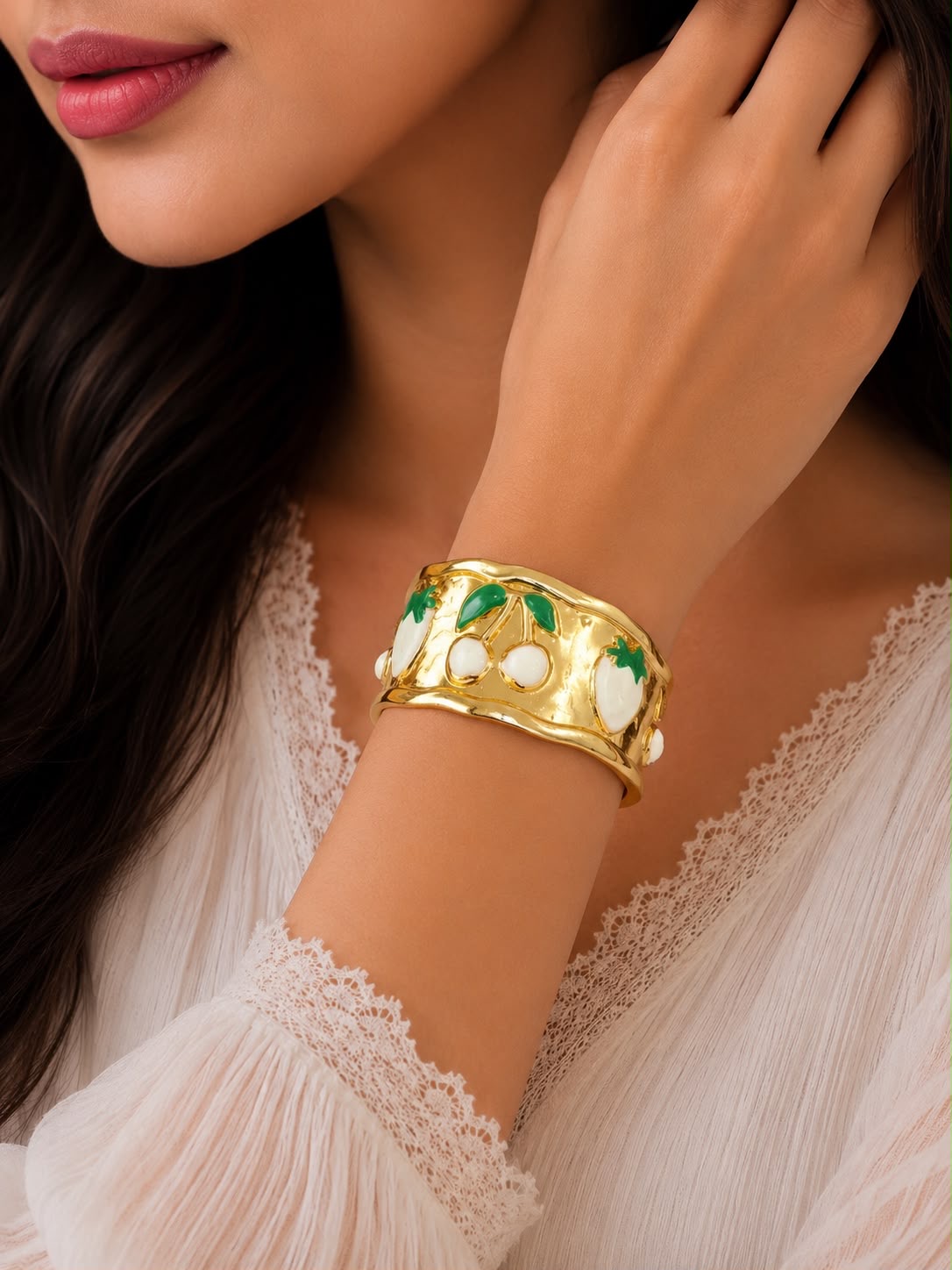 Gold-Tone White Cherry Motif Cuff Bracelet