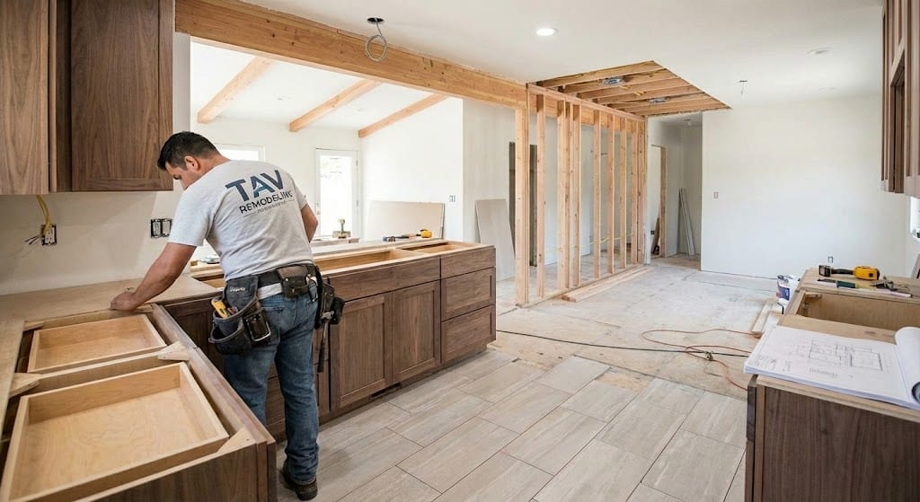Construction crew working inside a home remodel