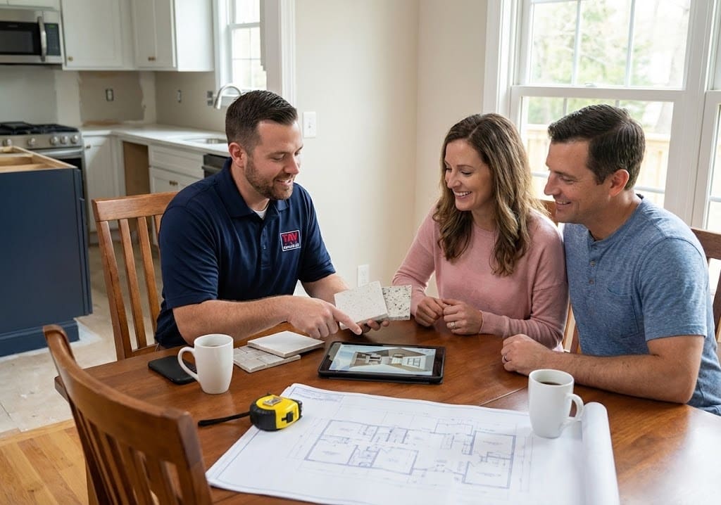 Remodeling consultant meeting with homeowner at a table