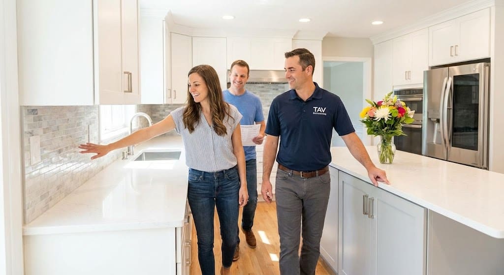 Homeowner reviewing final remodeled space with contractor