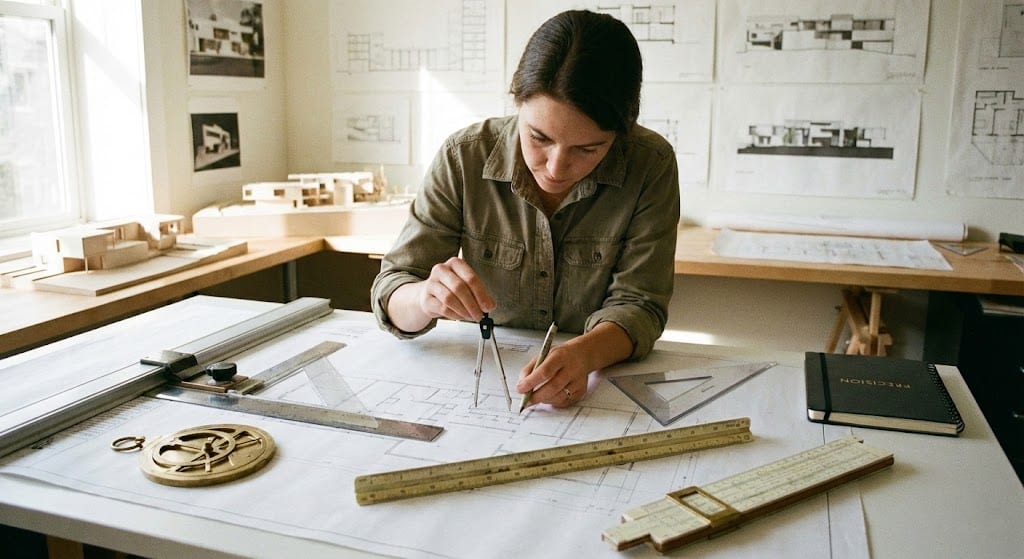 Architect working on blueprints with design tools, symbolizing precision planning.